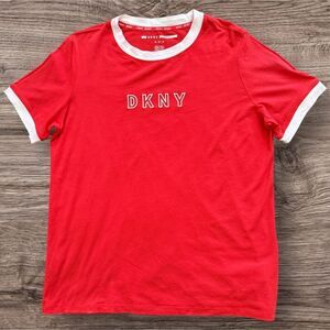 DKNY Sport T-Shirt Red Women’s Size Medium Logo Scoop Neck Chic Design